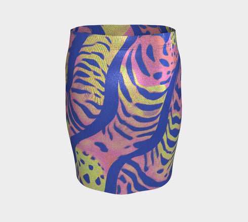 High-waisted mini skirt with a vibrant pastel tiger stripe pattern in electric blue, soft pink, yellow, and violet. The bodycon silhouette hugs curves with a comfy elastic waistband and stretch fabric. Available in smooth performance fabric or glitter finish. A maximalist fashion piece for festivals, summer outfits, and ravewear.
