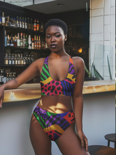 Colorblock animal print bikini top with neon pink, orange, green, purple, and blue abstract pattern. Scoop neck cut with wide straps, removable padding, double-layered fabric, UPF 50+, and made from soft, stretchy recycled polyester-spandex blend.