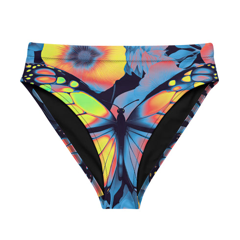 High-waisted bikini bottom with a bold psychedelic butterfly design in neon shades of orange, yellow, blue, and pink on a black background. Features cheeky fit and double-layered fabric, lying flat against a turquoise swimming pool backdrop. Perfect for rave swimwear, Y2K beach looks, and festival-ready poolside outfits. Vibrant and colorful statement swimwear for bold summer style.