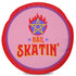 Red cylindrical roller skating duffle bag with black straps, featuring a prominent circular emblem with a colorful Baphomet design and "Hail Skatin" text. Includes mesh side pocket and adjustable padded shoulder strap.