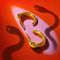 a pair of gold snake-shaped earrings with blue gemstones, set against a vibrant red background.