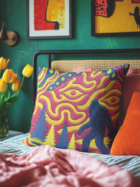 A square decorative throw pillow cover featuring a trippy retro Bigfoot scene. A large navy blue silhouette of Sasquatch walks through a forest of navy and yellow pine trees. The background is a psychedelic swirling sky in vibrant pink and yellow, featuring a large stylized eye and a cluster of small yellow stars. The flat two dimensional print visually mimics the textured look of heavy needlepoint embroidery. The pillow features a sleek hidden zipper on the bottom. No insert is included.