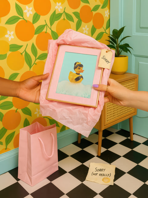 a person holding a picture of a rubber duck in a pink frame