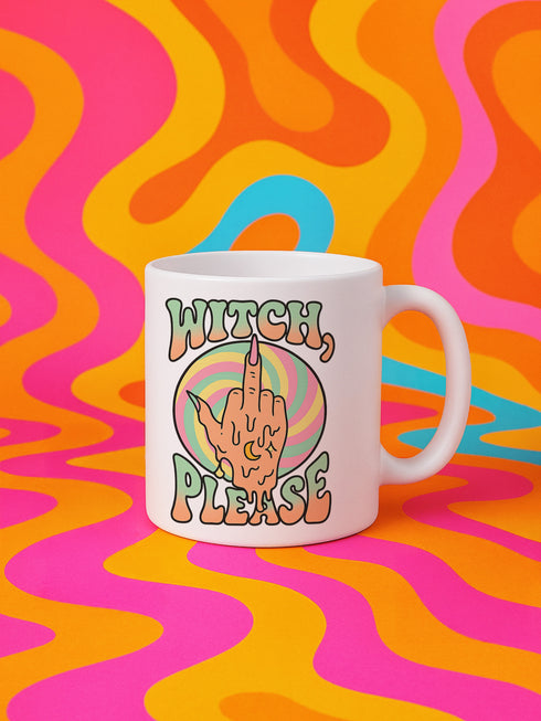 White ceramic 11oz coffee mug with a bold retro design that says “Witch, Please” above a drippy melting hand giving the middle finger.