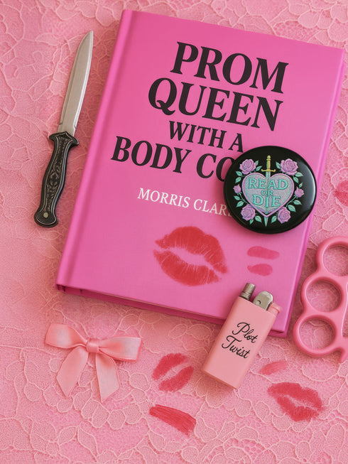 Glossy black pinback button featuring embroidered-style artwork of a pastel purple heart that reads “Read or Die” pierced by a sword and surrounded by roses; shown on books, graffiti, and lace backgrounds.