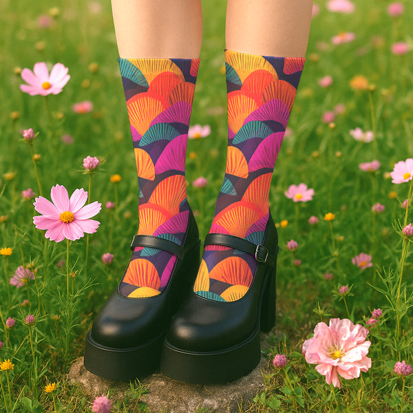 Colorful crew socks featuring a bold, fan-shaped mushroom pattern in orange, magenta, teal, yellow, and purple on a deep navy background. The design is vibrant and psychedelic, perfect for statement-making fashion. The socks are mid-calf length with reinforced heel and toe, made from a stretchy polyester, nylon, and spandex blend for comfort and durability.