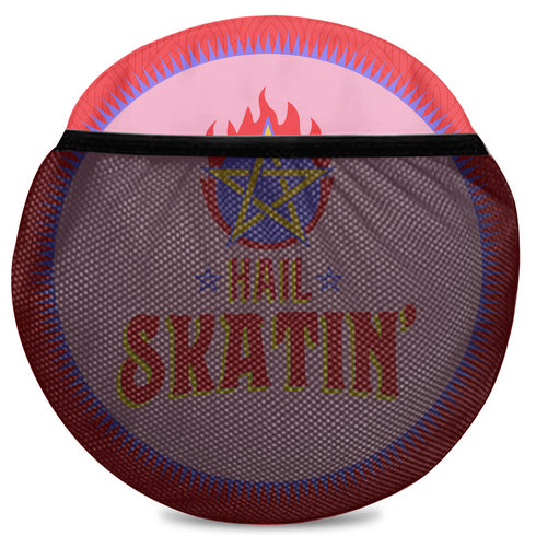 Red cylindrical roller skating duffle bag with black straps, featuring a prominent circular emblem with a colorful Baphomet design and "Hail Skatin" text. Includes mesh side pocket and adjustable padded shoulder strap.