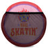 Red cylindrical roller skating duffle bag with black straps, featuring a prominent circular emblem with a colorful Baphomet design and "Hail Skatin" text. Includes mesh side pocket and adjustable padded shoulder strap.