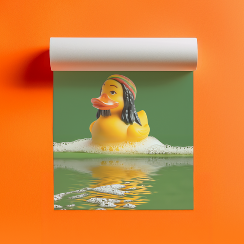 A fine art print of a rubber duck inspired by Marley, featuring black dreadlocks and a red-yellow-green beanie. The duck floats in bath bubbles with its reflection in green-tinted water. Displayed in a white and red frame on a soap-covered shelf in a bold red tile bathroom with a lightning-bolt soap dispenser.