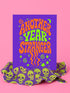 a vibrant purple background with the text "Another Year Stranger" in a stylized font, surrounded by orange and green swirls and stars.
