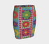 Form-fitting bodycon mini skirt with a mid-rise elastic waistband, falling to mid-thigh in smooth stretch fabric. It features a bold retro patchwork floral print: large mod daisies in red, purple, yellow, and green, set on a sky blue background with scattered green leaves. A central column frames single flowers on purple and pink tiles, edged by red and pink beaded borders. The all-over design is a flat dye-sublimated print, available in a smooth knit or glitter knit finish.