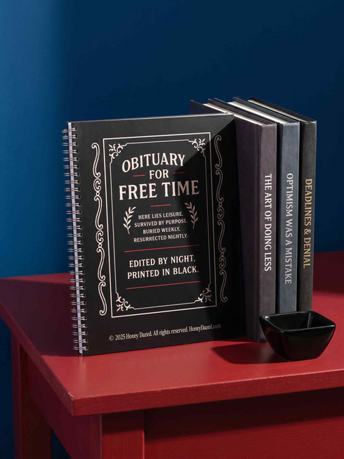 An 8.5 x 11 inch black hardcover spiral planner with a durable satin matte laminated finish. The front cover features a vintage-style white ornamental border, creating a gothic, macabre aesthetic. Inside the frame, the title "Calendar of Doom" is printed in an antique serif font. This undated weekly and monthly agenda is shown with a metal wire-o spiral binding on the right side. The design uses a black, white, and red color scheme, making it a unique piece of dark humor stationery
