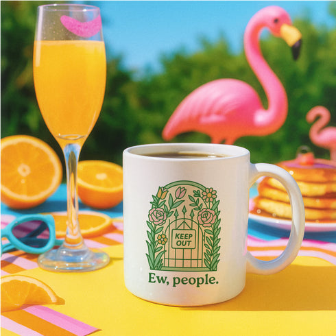 White ceramic coffee mug featuring "Ew, people" text beneath decorative garden gate design with "KEEP OUT" sign surrounded by roses and botanical florals. Perfect antisocial gift for introverts who prefer solitude over social interaction. 11oz ceramic cup ideal for coffee lovers, misanthropes, and homebodies who embrace their hermit lifestyle.