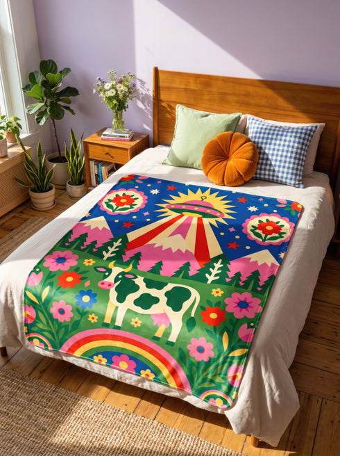 UFO Alien Cow Abduction Sherpa Blanket