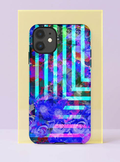 Front view of a dual layer tough phone case printed edge to edge with a glitchy floral collage. Electric aqua stripes and right angle lines cut across a dense bed of violet, cobalt, and magenta flowers with flashes of red and green, finished with hot pink and lilac bars along the bottom. It looks like a pressed flower bouquet run through a broken VHS tape. Moody blue Y2K floral phone accessory with open ports and a precise camera cutout.