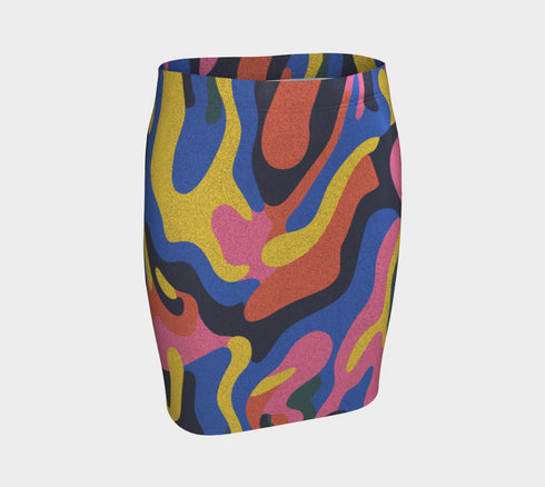 Psychedelic high waisted mini skirt for women featuring a trippy swirl print in yellow, pink, purple, and blue. Fitted bodycon silhouette with 1.5” elastic waistband, made from eco-friendly polyester and spandex blend. Available in sizes S to XL with built-in UPF 50 sun protection and odor-resistant, quick-dry performance fabric. Festival-ready, rave-approved, and styled for bold streetwear and summer outfits.