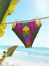 Tropical tiger print bikini bottom with vibrant pink, yellow, and teal psychedelic design. Mid-rise cut with cheeky coverage, double-layered fabric, UPF 50+, and soft, stretchy recycled polyester-spandex blend.