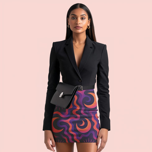 A woman wearing a black blazer and a colorful, patterned skirt, with a black handbag on her hip.