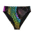 High-waisted bikini bottom featuring a holographic snake scale print with neon rainbow tones on a sleek black background. Iridescent hexagon patterns add a futuristic edge. Cheeky fit with a double-layered finish, styled poolside against a bright turquoise water backdrop. Perfect for rave-ready swim looks, alternative beachwear, and bold festival swimwear with a Y2K cyberpunk twist.