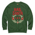 A unisex crewneck sweatshirt shown in red, green, and blue color options. The graphic features "HAIL SANTA" in a red, jagged, heavy metal-style font. The text is framed by a cream-colored wreath made of thorny branches. Inside the wreath are two red lightning bolts and two red bells with cream-colored pentagrams. An inverted candy cane cross sits at the bottom. This alternative holiday sweater has fleece texture, ribbed cuffs, and a classic fit, designed for goth, punk, and metalhead aesthetics.