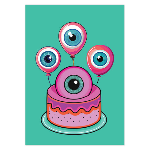 Quirky birthday card with teal background. Pink-purple cake topped by large cartoon eyeball. Three eyeball-shaped balloons float above, each with blue iris and pink edges. Inside message: "Eye Think You're Amazing. Happy Birthday". Playful design combines celebration with surreal humor, creating a memorable and slightly bizarre greeting. Whimsical imagery and pun offer a unique twist on traditional birthday wishes.