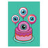 Quirky birthday card with teal background. Pink-purple cake topped by large cartoon eyeball. Three eyeball-shaped balloons float above, each with blue iris and pink edges. Inside message: "Eye Think You're Amazing. Happy Birthday". Playful design combines celebration with surreal humor, creating a memorable and slightly bizarre greeting. Whimsical imagery and pun offer a unique twist on traditional birthday wishes.