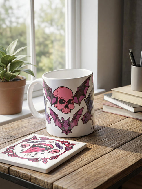 White porcelain 11oz mug and matching 4x4 inch square ceramic coaster set featuring a vibrant, maximalist full-wrap pattern. The design illustrates glossy pink vampire lips with white fangs and red tongues, interspersed with floating eyeballs, purple bats, and small pink skulls against a white background. The mug features a glossy finish and C-handle. The coaster has a matching glazed ceramic top and a brown cork backing. High-contrast pop-art style with pink, purple, and black details.