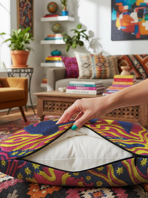 A square decorative throw pillow cover featuring a trippy retro Bigfoot scene. A large navy blue silhouette of Sasquatch walks through a forest of navy and yellow pine trees. The background is a psychedelic swirling sky in vibrant pink and yellow, featuring a large stylized eye and a cluster of small yellow stars. The flat two dimensional print visually mimics the textured look of heavy needlepoint embroidery. The pillow features a sleek hidden zipper on the bottom. No insert is included.