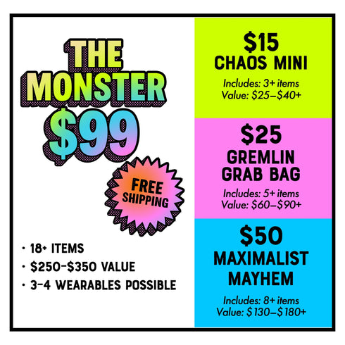 A curated alternative style bundle from Honey Dazed, available as a mystery box gift for her. This aesthetic grab bag is personalized to a chosen vibe, such as goth and pretty, psychedelic groovy, maximalist mayhem, alt skater gremlin, or weirdcore. Each surprise pack contains a high-value assortment of unique items like women's apparel, accessories, jumbo stickers, enamel pins, patches, and alternative home decor. Perfect as a birthday gift, a personalized care package, or a surprise box.