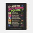 A black hardcover undated planner with black wire spiral binding. The front cover displays a bold, colorful typographic layout reading: "THINGS I AGREED TO WHILE TIRED". Surrounding text includes "LATE-NIGHT DECISIONS VOLUME 1", "ZERO MEMORY OF THIS.", and "A PRACTICAL GUIDE TO POOR TIMING." The back cover reads "INSIDE THIS DEEPLY SUSPICIOUS VOLUME:" above five colored banner rows detailing space for plans, notes for spirals, room for lists, daily proof time is fake, and a paper trail of mistakes.