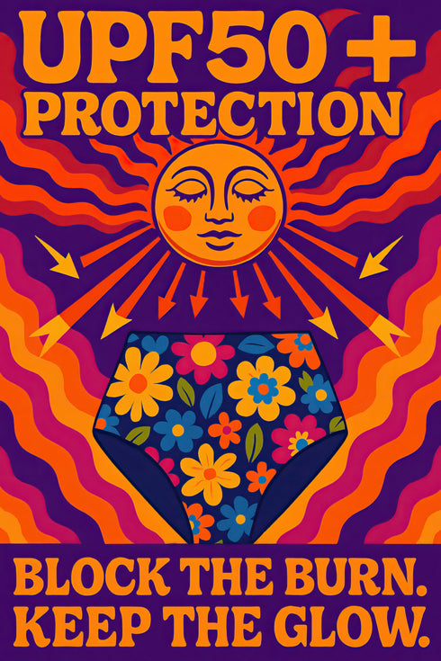 The image is a vibrant poster with a sun-like design and text promoting the use of sunscreen.