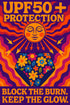 The image is a vibrant poster with a sun-like design and text promoting the use of sunscreen.