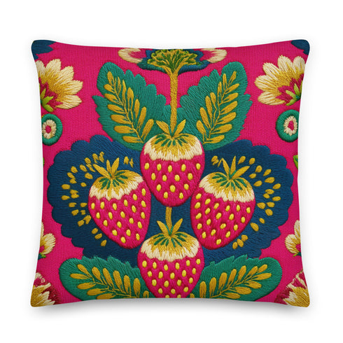 A square throw pillow with a vibrant, folk art-inspired design. The pillow's background is a bright, saturated fuchsia pink. The central design features four stylized strawberries arranged in a cluster, rendered in a way that mimics thick, textural embroidery. Each strawberry is red. The overall aesthetic is colorful, eclectic, and maximalist, with a distinct retro or 70s feel. The pillow cover has a visible linen-like texture.