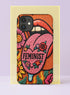 Dual layer matte phone case with a 2D print that mimics knit and embroidery texture. A retro open mouth with its tongue out sits over a pink heart stitched with the word FEMINIST in black letters, on an orange knit-look background filled with pink flowers, yellow sunflowers, red roses, purple and orange blooms, teal leaves, and a turquoise drip, all outlined in bold black. Smooth printed surface, open ports, camera cutout. Feminist maximalist phone accessory.