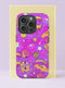 Front view of a dual layer tough phone case printed edge to edge with a cosmic weirdcore pattern on a hot magenta and violet background. Dripping yellow crescent moons, ringed planets with staring eyes, melting orange eyeballs, rainbow shooting stars, swirl planets, and white constellations float across the case in butter yellow, peach, pink, and lilac with black outlines. Pastel goth outer space design with creepy cute energy. Phone accessory with open ports and camera cutout.