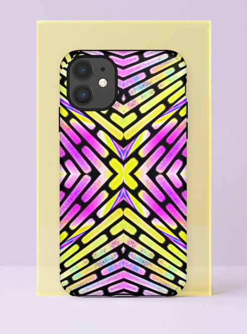Front view of a dual layer tough phone case printed edge to edge with a bold geometric chevron pattern. Thick rounded bars in highlighter yellow, hot magenta, and lilac stack into mirrored arrows that meet at a glowing yellow X in the center, all outlined in black with a soft iridescent haze. Loud, symmetrical, and very 90s rave flyer. Neon dopamine color phone accessory with open ports, dual layer protection, and a precise camera cutout.