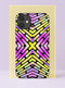 Front view of a dual layer tough phone case printed edge to edge with a bold geometric chevron pattern. Thick rounded bars in highlighter yellow, hot magenta, and lilac stack into mirrored arrows that meet at a glowing yellow X in the center, all outlined in black with a soft iridescent haze. Loud, symmetrical, and very 90s rave flyer. Neon dopamine color phone accessory with open ports, dual layer protection, and a precise camera cutout.