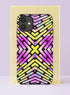 Front view of a dual layer tough phone case printed edge to edge with a bold geometric chevron pattern. Thick rounded bars in highlighter yellow, hot magenta, and lilac stack into mirrored arrows that meet at a glowing yellow X in the center, all outlined in black with a soft iridescent haze. Loud, symmetrical, and very 90s rave flyer. Neon dopamine color phone accessory with open ports, dual layer protection, and a precise camera cutout.