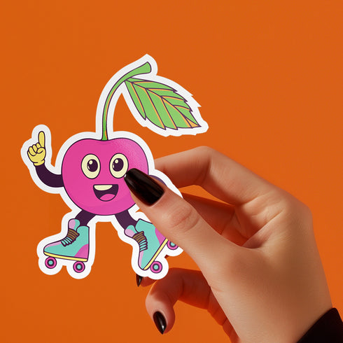 Bright cherry sticker with roller skates, perfect for adding fun to roller derby helmets and planners. Available in Prism, Gem, and Glitter finishes. Handmade in Austin, Texas.