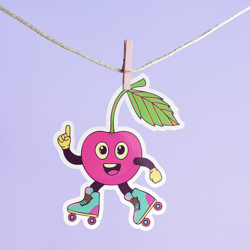 Bright cherry sticker with roller skates, perfect for adding fun to roller derby helmets and planners. Available in Prism, Gem, and Glitter finishes. Handmade in Austin, Texas.