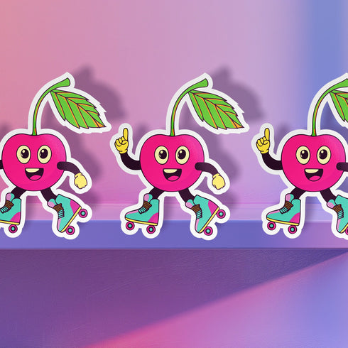 Bright cherry sticker with roller skates, perfect for adding fun to roller derby helmets and planners. Available in Prism, Gem, and Glitter finishes. Handmade in Austin, Texas.