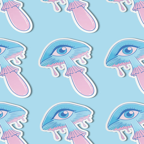 Surreal eyeball mushroom sticker in pastel colors, ideal for decorating laptops, phones, and water bottles. Available in Prism, Gem, and Glitter finishes. Handmade in Austin, Texas.