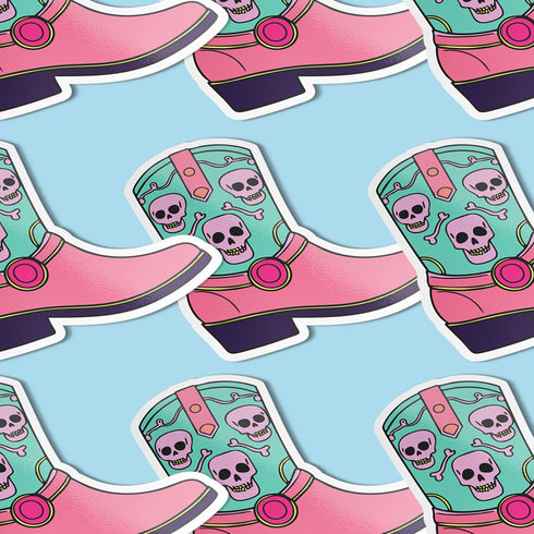 Colorful Goth Cowgirl Boot Sticker with teal and pink boot and skulls, perfect for adding a spooky and quirky touch to your belongings.