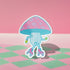 Adorable mushroom sticker with pink roller skates and neon gloves, ideal for roller skate enthusiasts and quirky design lovers. Available in Prism, Gem, and Glitter finishes. Handmade in Austin, Texas.