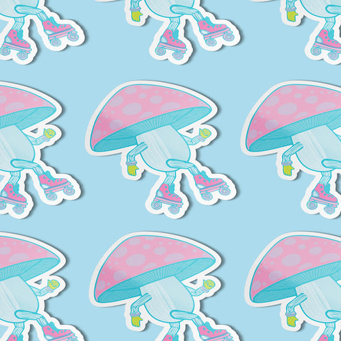 Adorable mushroom sticker with pink roller skates and neon gloves, ideal for roller skate enthusiasts and quirky design lovers. Available in Prism, Gem, and Glitter finishes. Handmade in Austin, Texas.