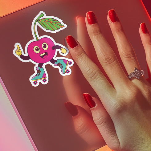 Bright cherry sticker with roller skates, perfect for adding fun to roller derby helmets and planners. Available in Prism, Gem, and Glitter finishes. Handmade in Austin, Texas.