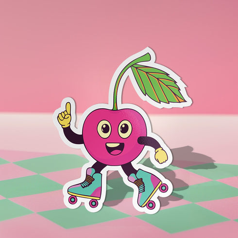 Bright cherry sticker with roller skates, perfect for adding fun to roller derby helmets and planners. Available in Prism, Gem, and Glitter finishes. Handmade in Austin, Texas.