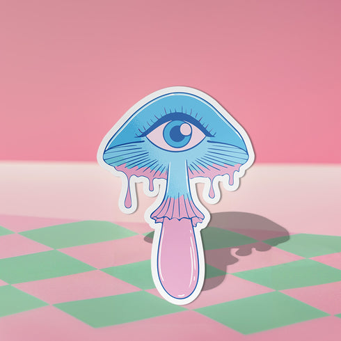 Surreal eyeball mushroom sticker in pastel colors, ideal for decorating laptops, phones, and water bottles. Available in Prism, Gem, and Glitter finishes. Handmade in Austin, Texas.