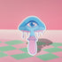 Surreal eyeball mushroom sticker in pastel colors, ideal for decorating laptops, phones, and water bottles. Available in Prism, Gem, and Glitter finishes. Handmade in Austin, Texas.
