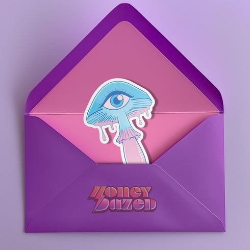 Surreal eyeball mushroom sticker in pastel colors, ideal for decorating laptops, phones, and water bottles. Available in Prism, Gem, and Glitter finishes. Handmade in Austin, Texas.
